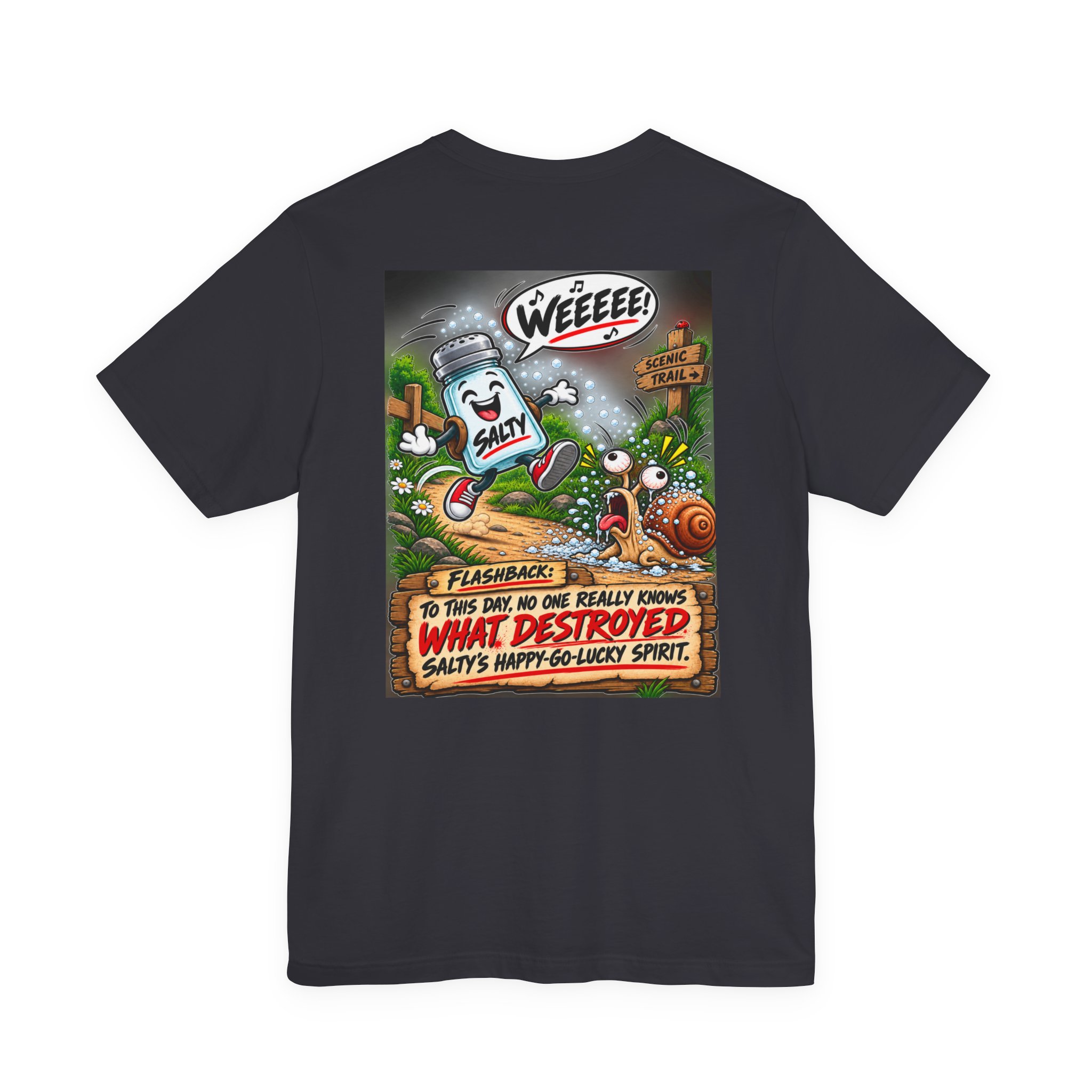 Funny Salt Shaker Shirt – Salty’s Happy-Go-Lucky Spirit Back Print Tee | Dark Humor Graphic T-Shirt - Image 16