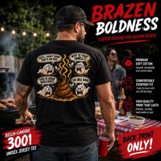 BrazenBoldness funny poop shirt with four ghosts reacting to a steaming pile in a large back print