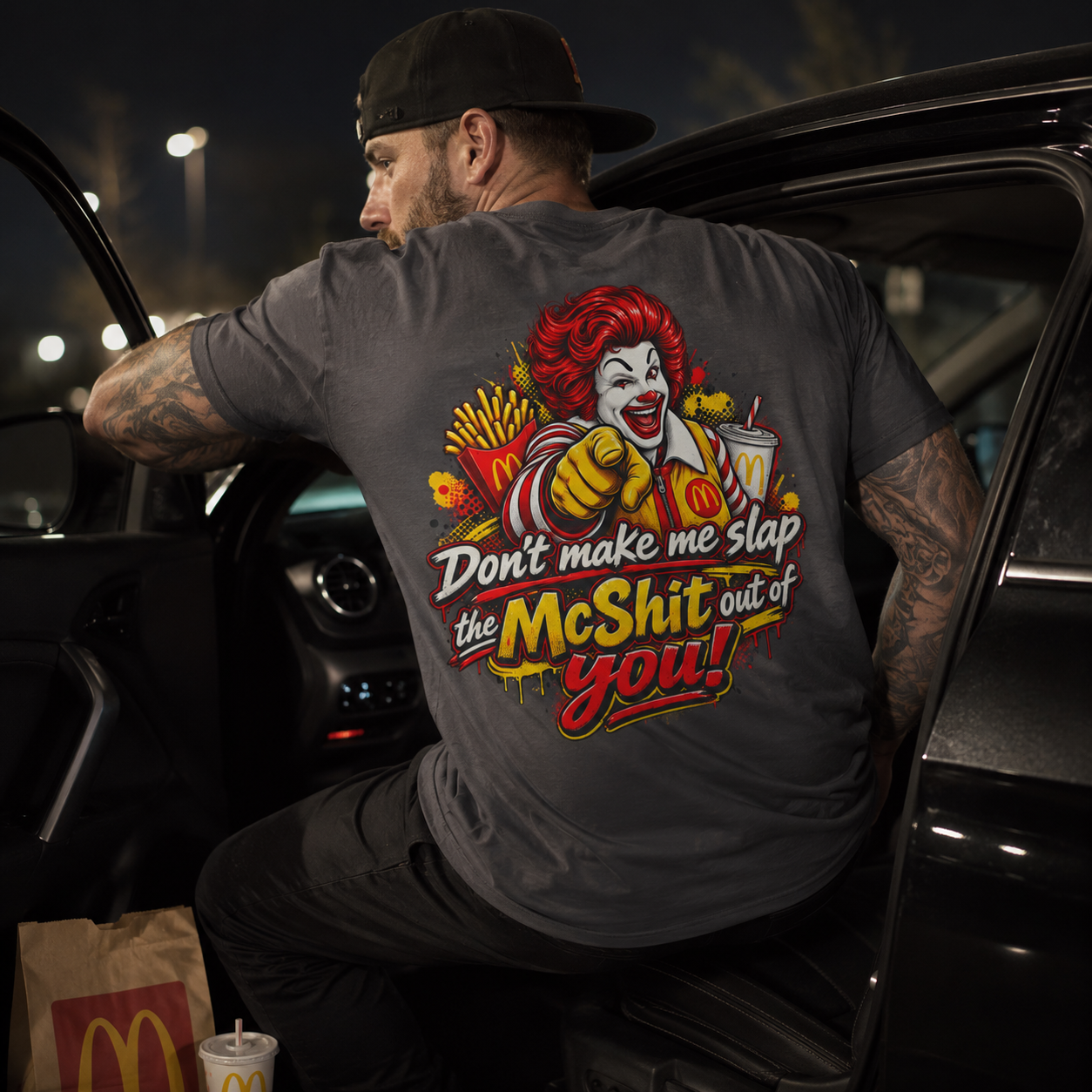 Don’t Make Me Slap the McShit Out of You Shirt | Funny Fast Food Parody Tee | Adult Humor Graphic T-Shirt | Back Print Bella+Canvas 3001 - Image 6