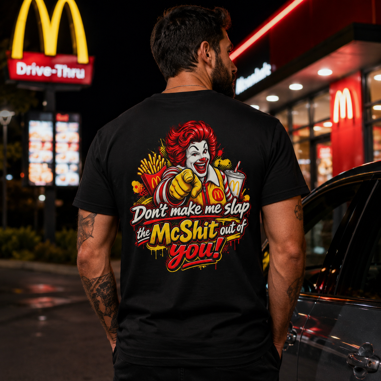 Don’t Make Me Slap the McShit Out of You Shirt | Funny Fast Food Parody Tee | Adult Humor Graphic T-Shirt | Back Print Bella+Canvas 3001 - Image 2