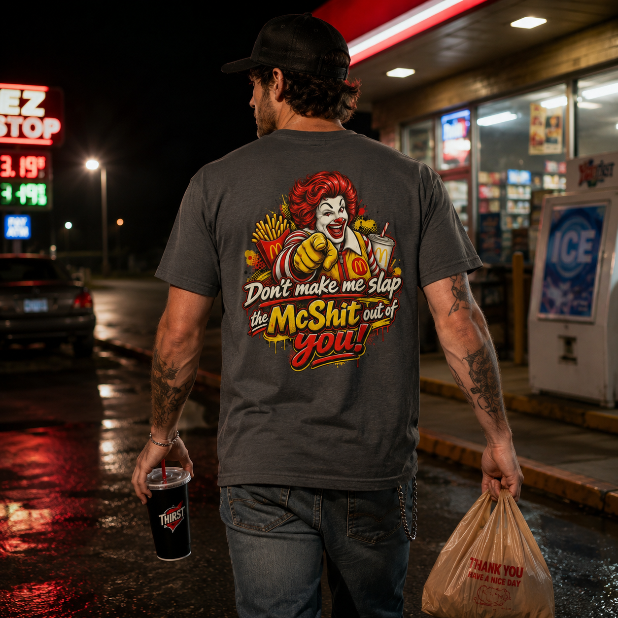 Don’t Make Me Slap the McShit Out of You Shirt | Funny Fast Food Parody Tee | Adult Humor Graphic T-Shirt | Back Print Bella+Canvas 3001 - Image 3