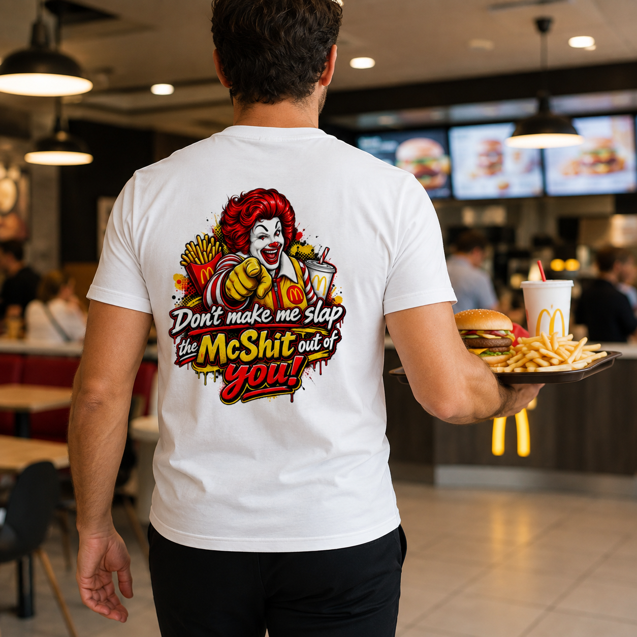 Don’t Make Me Slap the McShit Out of You Shirt | Funny Fast Food Parody Tee | Adult Humor Graphic T-Shirt | Back Print Bella+Canvas 3001 - Image 8