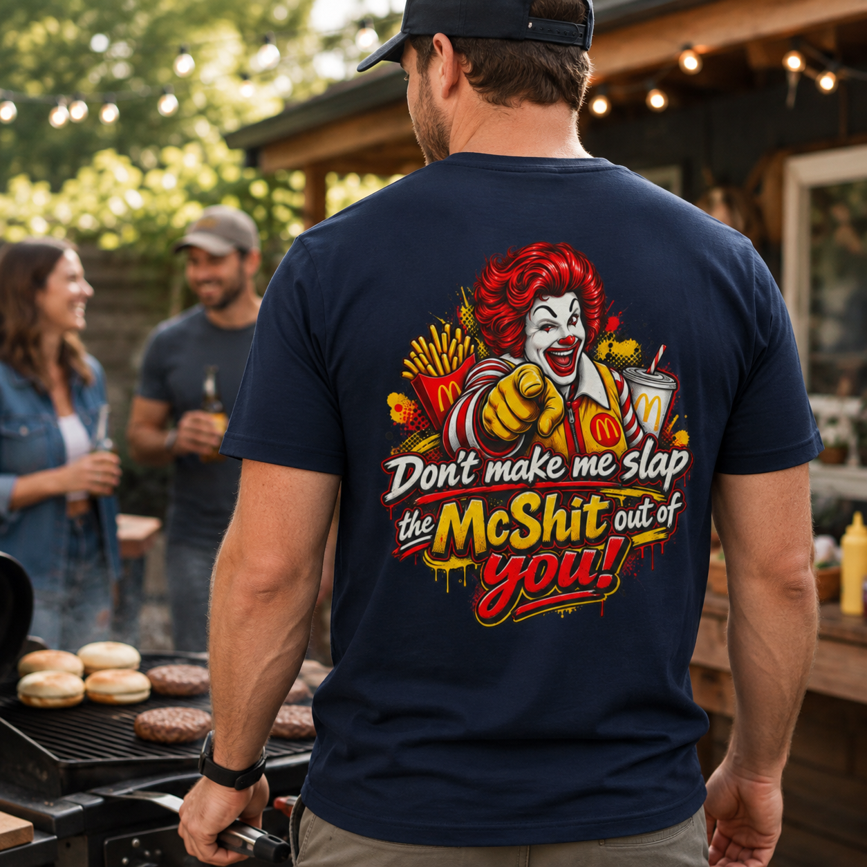 Don’t Make Me Slap the McShit Out of You Shirt | Funny Fast Food Parody Tee | Adult Humor Graphic T-Shirt | Back Print Bella+Canvas 3001 - Image 5