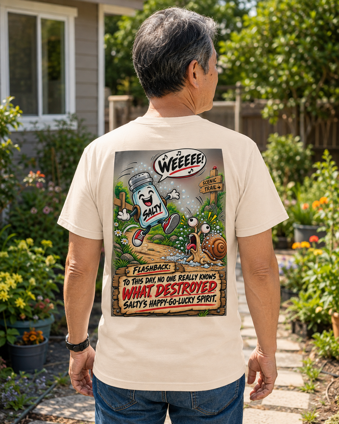 Funny Salt Shaker Shirt – Salty’s Happy-Go-Lucky Spirit Back Print Tee | Dark Humor Graphic T-Shirt - Image 9