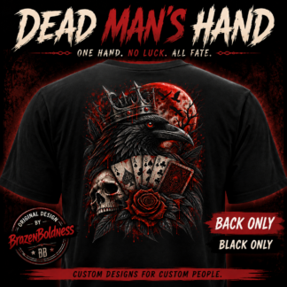 Dead Man’s Hand black Bella+Canvas 3001 back print shirt with crowned raven, skull, red rose, blood moon, aces and eights