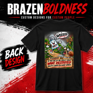 Funny salt shaker graphic shirt featuring Salty happily running along a scenic trail while salt terrifies a cartoon snail, with a dark humor flashback caption.