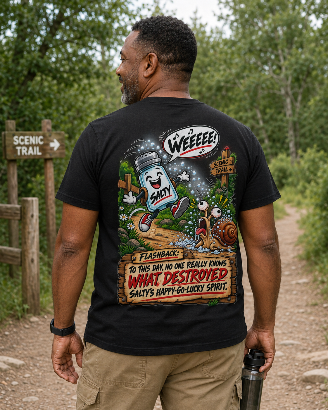 Funny Salt Shaker Shirt – Salty’s Happy-Go-Lucky Spirit Back Print Tee | Dark Humor Graphic T-Shirt - Image 2