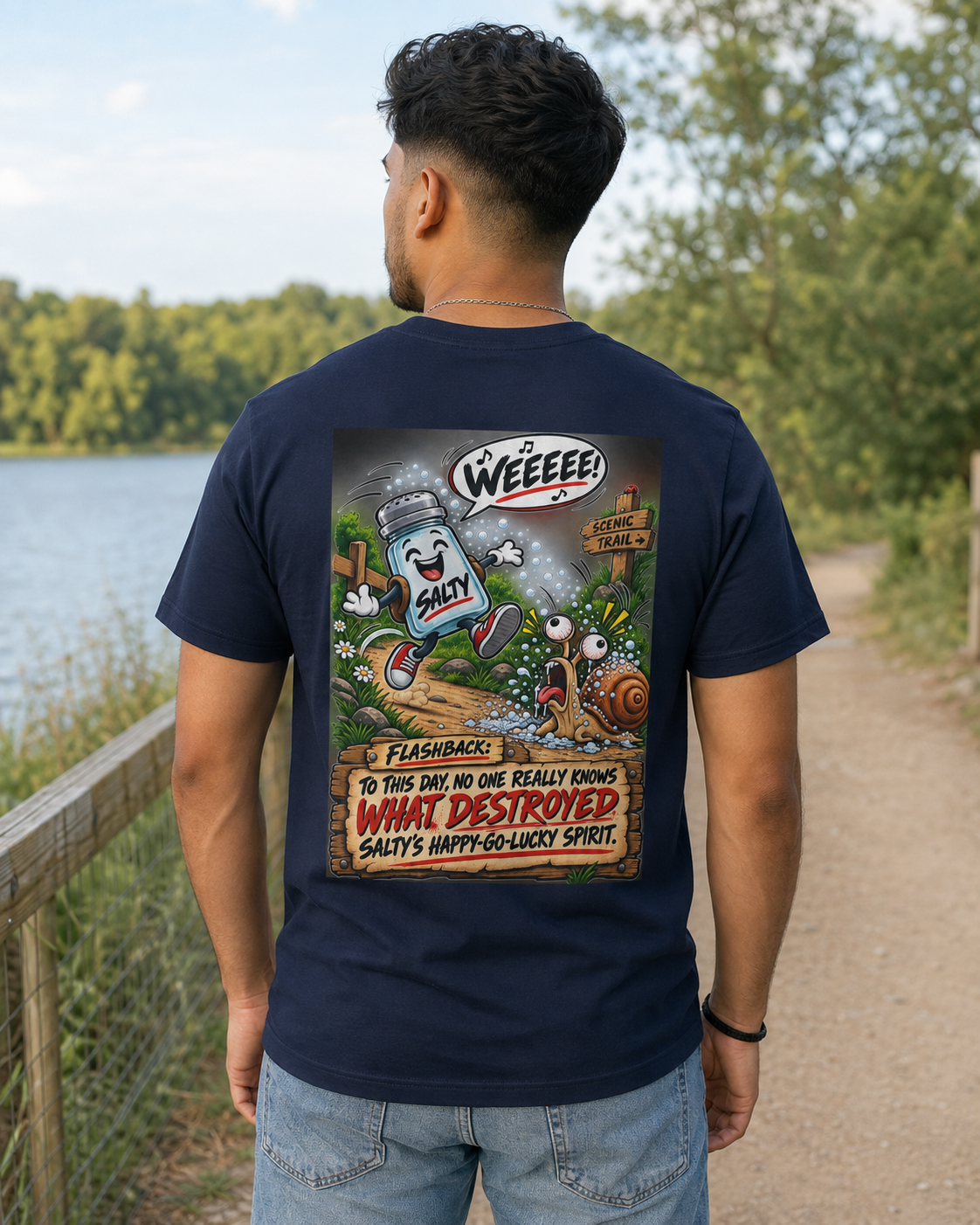 Funny Salt Shaker Shirt – Salty’s Happy-Go-Lucky Spirit Back Print Tee | Dark Humor Graphic T-Shirt - Image 3